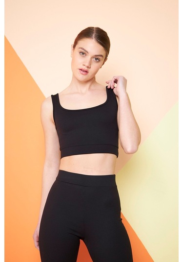 Yeşil Fitilli Kare Yaka Esnek Örme Crop Büstiyer Atlet Siyah