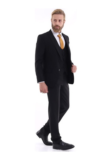 Presto Erkek Yelekli Slimfit Takım Elbise 6 Drop Siyah 581-001 Siyah