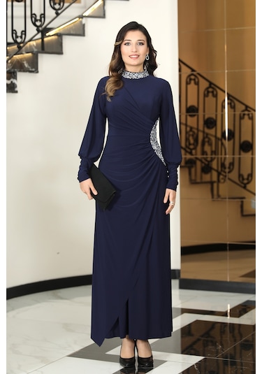 Taş Detaylı Lavinni Tesettür Abiye Elbise Lacivert