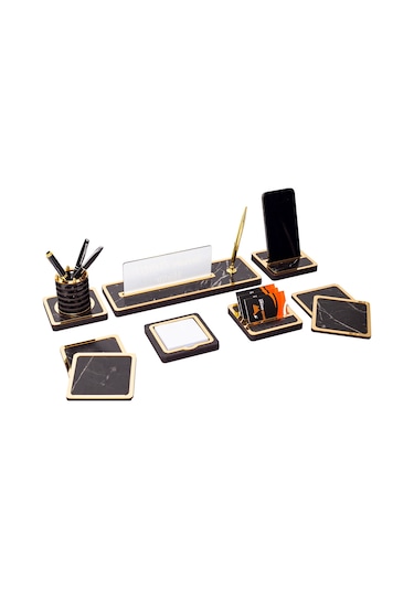 Mermer Desenli 9 Parça Ahşap Masa İsimliği Ofis Hediyesi İsimlik