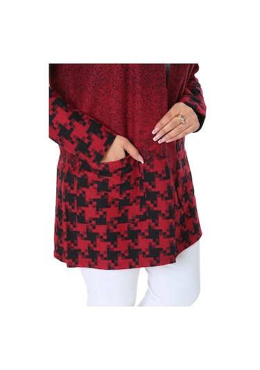 Melsay Butik Kırmızı Kazayağı Desen Kısa Büyük Beden Kadın Hırka Kırmızı