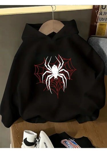 Kışlık Kapüşonlu Sweatshirt, Çocuk Örümcek Ağ Kalpli Baskılı SiYAH