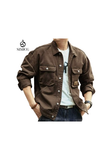 Retro Denim Sağlam İş Kıyafeti Bol Erkek Ceketi Kahverengi
