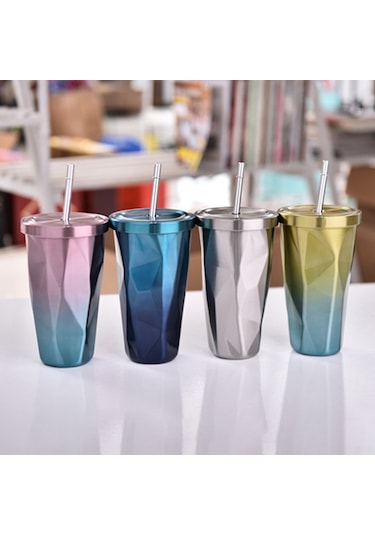 Xiyyadms 500ml Çift Duvarlı Paslanmaz Çelik Termos Bardak - 6 Saat Isı Saklama, Damlacık Önleyici Kapağı Ve Pipet İle Siyah Diamant Desen Siyah