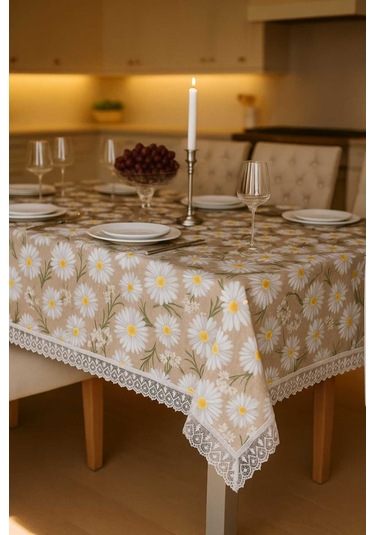 Lüks Papatya Masa Örtüsü - Dantel Süslemeli Modern Tasarım Leke Tutmaz Su Geçirmez Çok Renkli