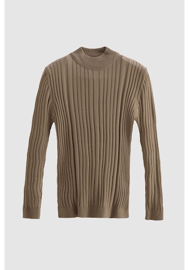 Ds Damat Slim Fit Bej Fitilli Pamuk Karışımlı Yarım Balıkçı Dar Kesim Vücudu Saran Triko Kazak 5HF06ORT64100 Bej