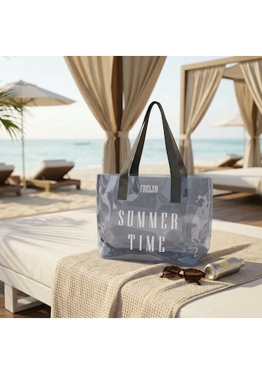Frelso Şeffaf Plaj Çantası Baskılı Kadın Beach Çanta Gri