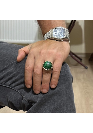 Gerçek Doğal Taş Yüzük - El Yapımı Kral Yüzüğü - 925 Ayar Gümüş Yüzük Malakit Gümüş