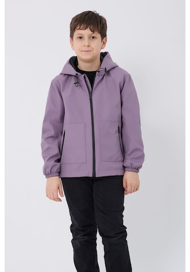 Erkek Çocuk Mürdüm İçi Astarlı Su Ve Rüzgar Geçirmez Kapüşonlu Çift Fermuarlı Cepli Mont Mürdüm