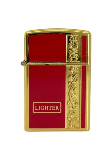 Metal Jet Alev Çakmak Gravür Şeritli Pirinç - Kırmızı Sarı