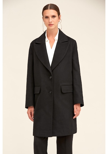 Hatemoğlu Saykı Woman Siyah Regular Fit Ceket Yaka Kaşe Oversize Manto 2956632 Siyah