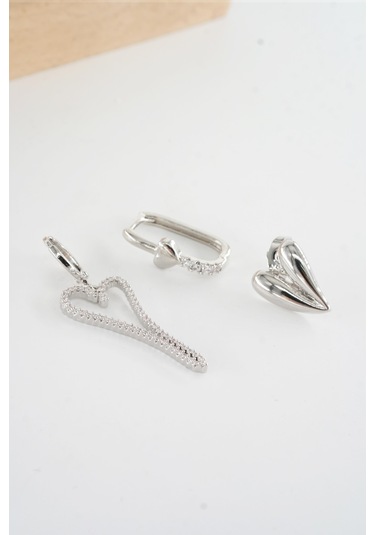 Kadın Vip Seri Antialerjik Baget Zirkon Taşlı 3'lü Küpe-5148 Gümüş