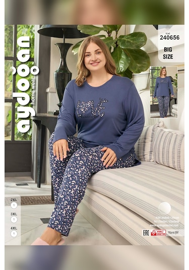 Aydoğan Kadın İnci Büyük Beden Love Ortanca Mor Pijama Takım 0656 Mor