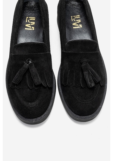 Milina Siyah Süet Püsküllü Hakiki Deri Kadın Loafer Ayakkabı SIYAH SUET