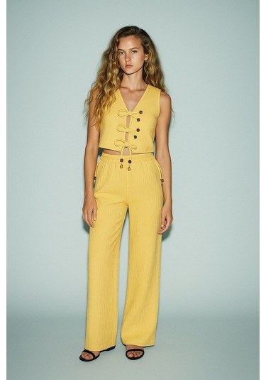 Dokulu Boncuk Detay Yelek Takım Sarı