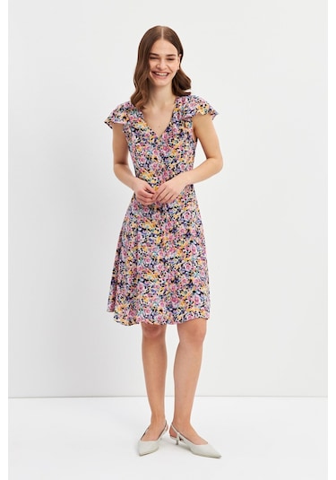 Stella Pulvis Çok Renkli Volanlı Kuplu V Yaka Midi Elbise Çok Renkli