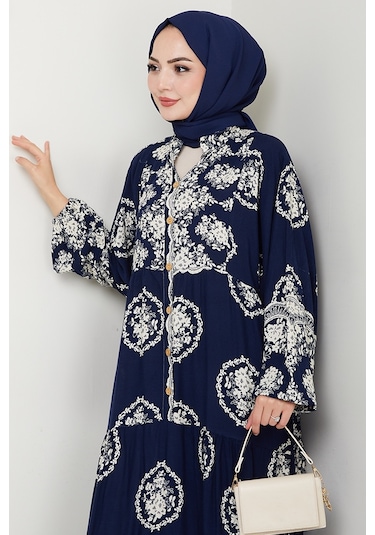 Giral Dokuma Viskon Elbise 1543 - Lacivert Lacivert