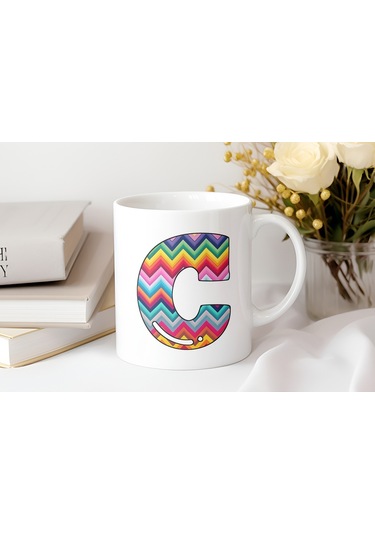 C Harfi Renkli Zigzag Desenli Kupa Bardak - Afrika Tarz Etnik Tasarım Kupa - Kişiye Özel Beyaz
