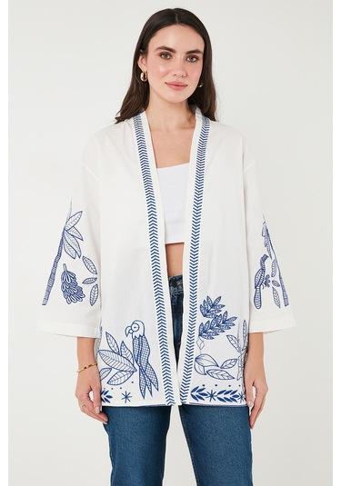 Lela Nakış Işlemeli Pamuklu Oversize Fit Truvakar Kol Bayan Kimono 676302 Ekru