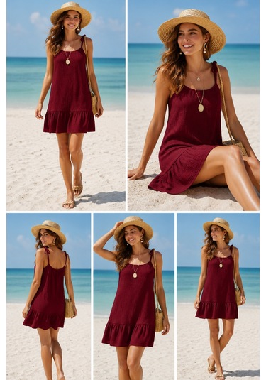 Angbutik Kadın Bordo Askılı Bol Kesim Fırfırlı Plaj Elbisesi
