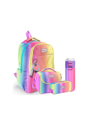 Kids Renk Geçişli Desenli 4 Lü Okul Çanta Seti Okul Çantası, Beslenme, Kalemlik, Matara Çok Renkli