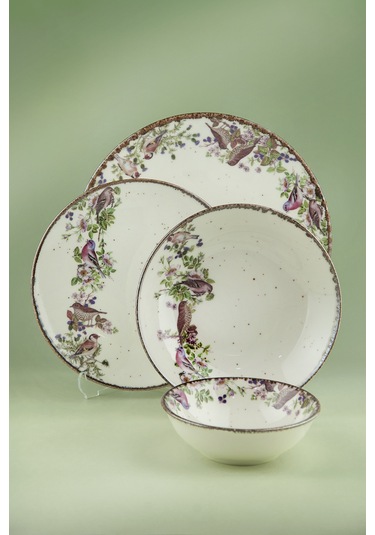 Retro Birds Porselen Akıtma 6 Kişilik 24 Parça Yemek Takımı Bej