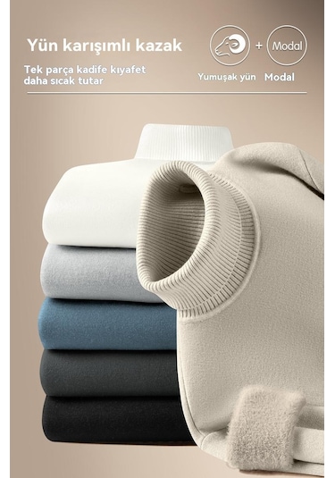 Yün Modal Balıkçı Yaka Örme Kazak Sıcak Alt Gömlek Erkek Kazak Beyaz