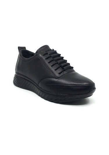 Taşpınar %100 Deri Kadın Ortopedik Günlük Yazlık Bağcıklı Rahat Yürüyüş Ayakkabı 36-41 Siyah Siyah Taban Siyah