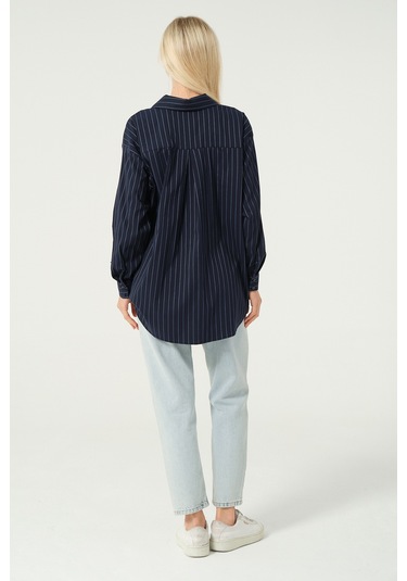 Basic Oversize Çizgili Gömlek Lacivert