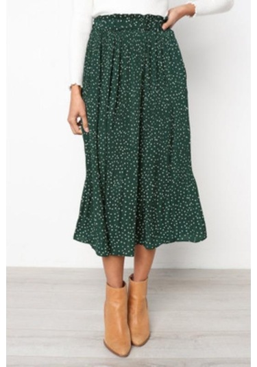 Kadın Yarım Vücut Etek Moda Puantiyeli Cepli Pileli Rüzgar Eteği Uzun Etek Yeşil