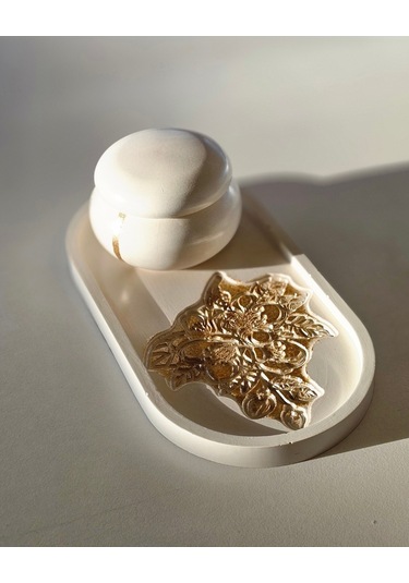 Tealight Mumluk & Tepsi Seti Özel Tasarım Kabartmalı Desen 3 Parça Gold Boyama Kırık Beyaz