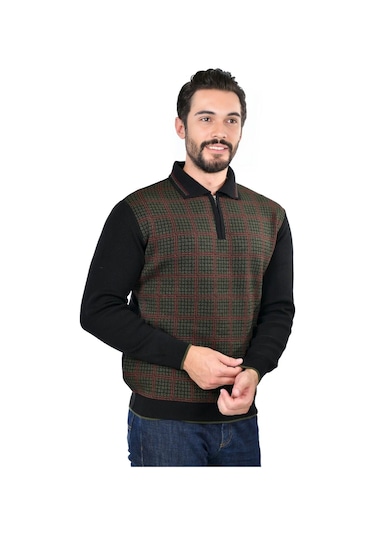 Kamalı Erkek Çelik Örgü Kazayağı Gömlek Yaka Fermuarlı Polo Yaka Tüylenmeyen Triko Kışlık Baba Kazak Siyah