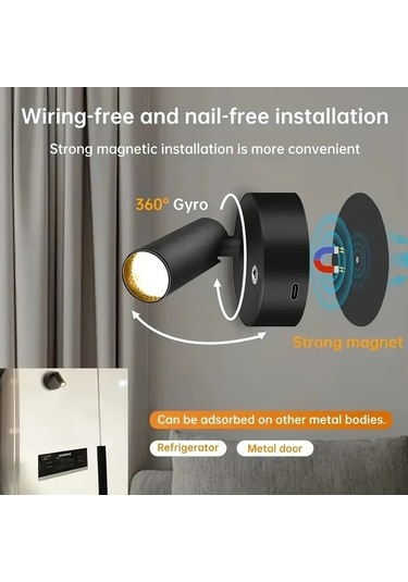 Fastbuy Siyah Usb Şarjlı Dokunmatik Kontrollü Ayarlanabilir 360 Dönen Manyetik Led Gece Lambası Siyah