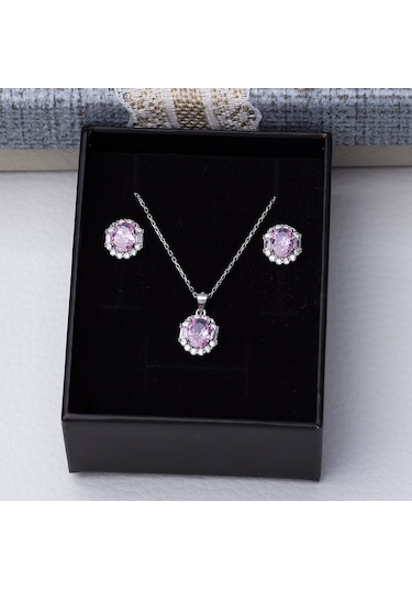 5-8 Mm Pembe Oval Zirkon Taşlı 925 Ayar Gümüş Kadın 2'li Set Gümüş