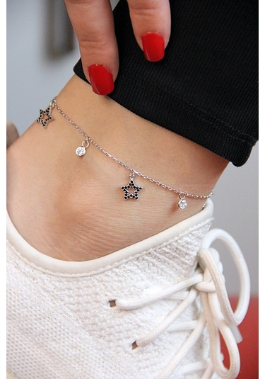 Argentum Concept - Siyah Taşlı Gümüş Yıldızlı Halhal - H005001 Gümüş