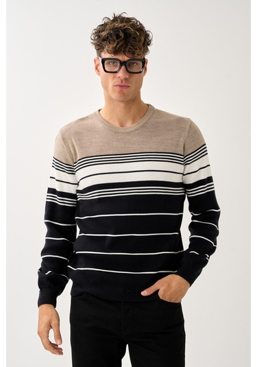 Çizgili Erkek Kazak Bej