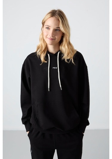 Tommy Life Siyah Kapüşonlu Kanguru Cep Oversize Lastik Paça Kadın Eşofman Takımı - 95288 Siyah