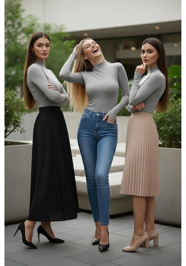 3 Lü Parmak Geçmeli Kadın Body Seti Gri