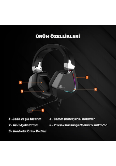 Lecoo HT402 USB Kablolu Surround 7.1 RGB Çıkartılabilir Mikrofonlu Kulak Üstü Gaming Kulaklık