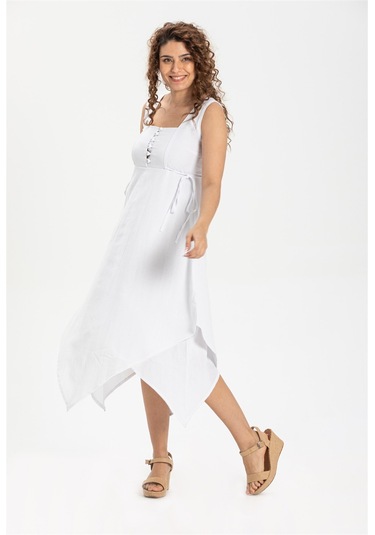 Kolsuz Şile Bezi Üçgen Katlı Midi Boy Elbise Beyaz Byz Beyaz