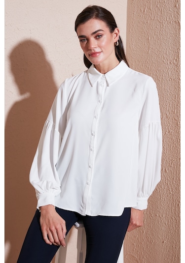 Lela Regular Fit Dikiş Detaylı Düz Yaka Balon Kol Bayan Gömlek 611Go00003 Ekru