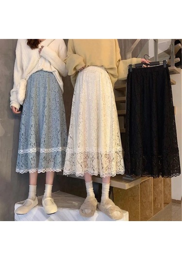 Sonbahar Ve Kış Yüksek Belli Dantel Etek Orta Boy Tüm Maç Düz Renk Çiçek Açık Mavi