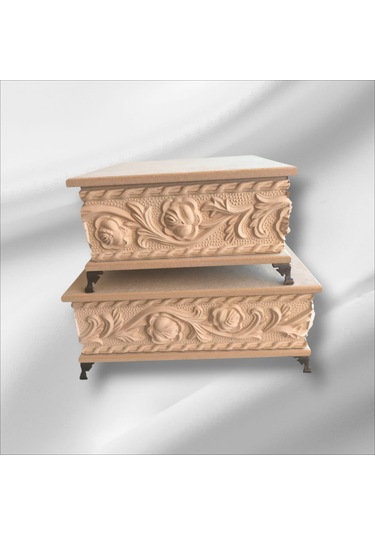 Ahşap- Ham Mdf- Desenli-takı-aksesuar- Ayaklı-2li Dekoratif Kutu