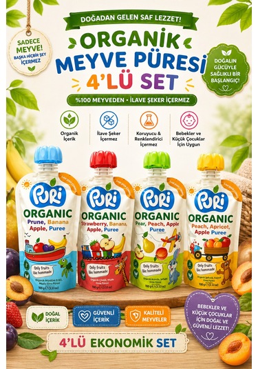 Organic %100 Organik Meyve Püresi 100 G x 4 Karışık Aroma İlave Şekersiz 4'lü Set