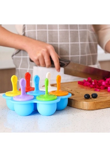 Ulzyvf 7 Delikli Silikon Buz Kalıbı - Çocuklar İçin Pratik Ve Sağlıklı Dondurma Yapım Aleti Mavi Renkli Mavi