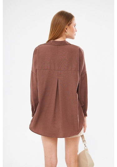 Armonika Kadın Kahve Oversize Uzun Basic Gömlek Arm-22y001118