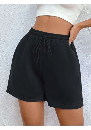 Siyah Kısa Basic Şort - Penye Baskısız Kordonlu Siyah