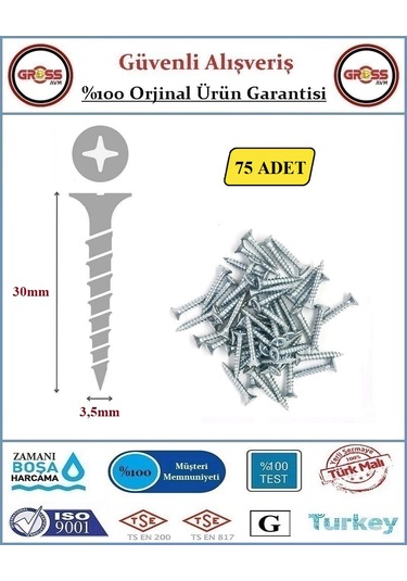 Sunta Vidası - Sivri Uçlu Ahşap Sunta Vidası - 3.5x30mm - 75 Adet 3,5x30