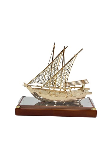 Pirinç Yelkenli Gemi Altın Kaplama Katar Dhow Teknesi Kutulu 29cm No.1