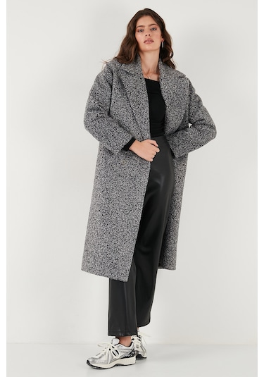 Lela Oversize Fit Mono Yaka Düğmeli Buklet Uzun Kaşe Bayan Kaban 6810236 Antrasit